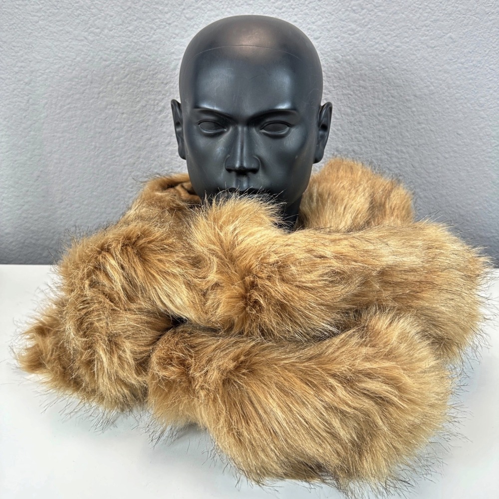 Y2K Long Faux Fur Stole Scarf Tan Brown Womens OSFM Mobwife Glam Luxury 2000's